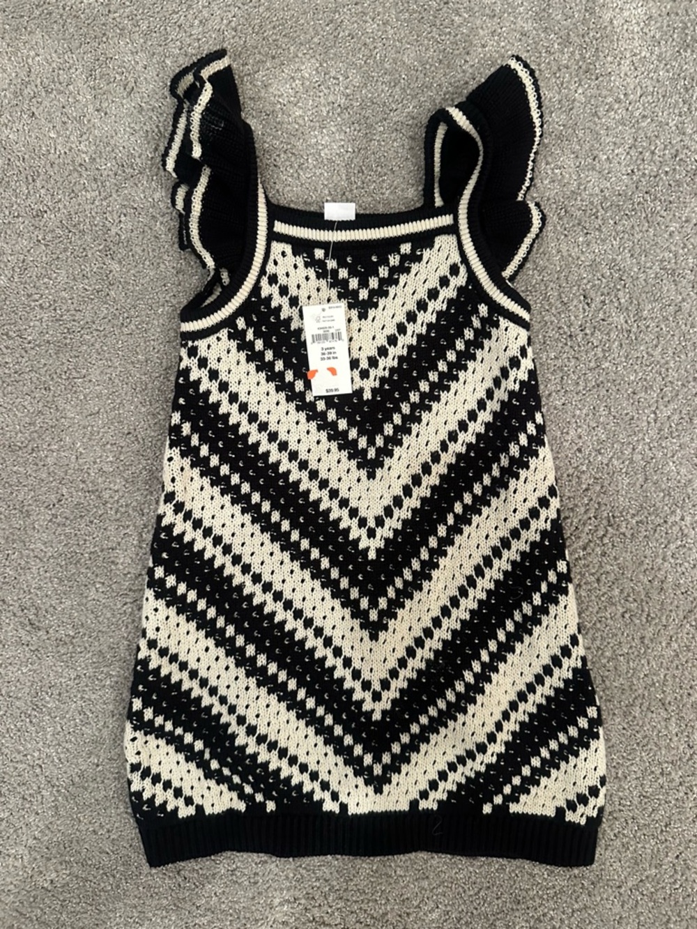 Gap Kids Black & Cream Chevron Crochet Style Knit Ruffle-Sleeve Tank Dress